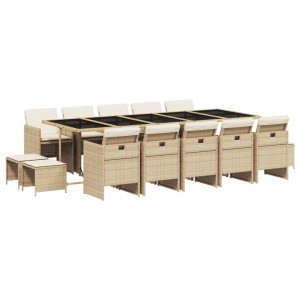 15 pcs conjunto de jantar p/ jardim com almofadões vime PE bege H