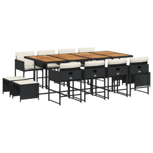 Set comedor de jardín con cojines 13 pzas ratán sintético negro H