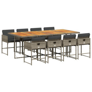 9 pcs conjunto de jantar p/ jardim c/ almofadões vime PE cinza H