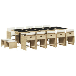 15 pcs conjunto de jantar p/ jardim com almofadões vime PE bege H