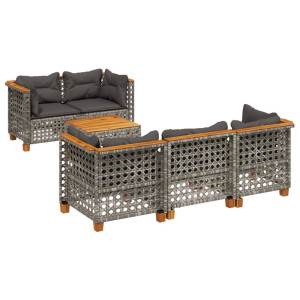 Set de muebles de jardín 6 pzas y cojines ratán sintético gris H