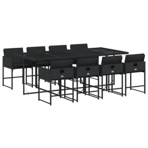 9 pcs conjunto de jantar p/ jardim c/ almofadões vime PE preto H