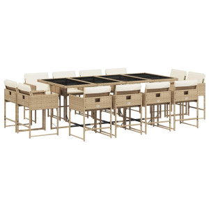Set comedor de jardín con cojines 13 pzas ratán sintético beige H