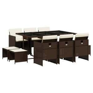Set comedor de jardín 11 pzas y cojines ratán sintético marrón H