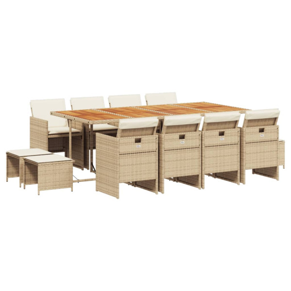 Set comedor de jardín con cojines 13 pzas ratán sintético beige M 2