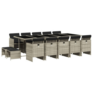 15 pcs conj. jantar jardim c/ almofadões vime PE cinzento-claro H