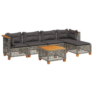 Set de muebles de jardín 6 pzas y cojines ratán sintético gris H