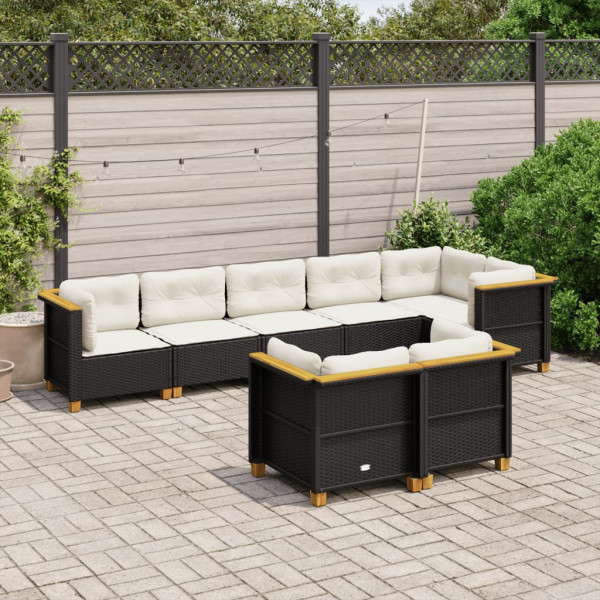 8 pcs conjunto sofás de jardim com almofadões vime PE preto D
