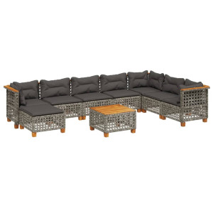 Set de muebles de jardín 9 pzas y cojines ratán sintético gris H
