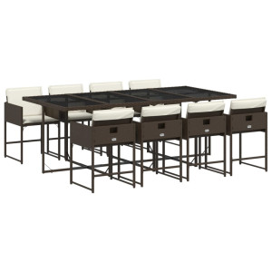 9 pcs conjunto jantar p/ jardim c/ almofadões vime PE castanho H