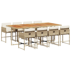 9 pcs conjunto de jantar p/ jardim com almofadões vime PE bege H