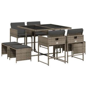 9 pcs conjunto de jantar p/ jardim c/ almofadões vime PE cinza H
