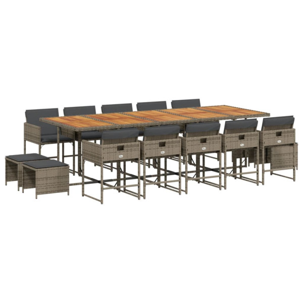 Set comedor de jardín con cojines 15 pzas ratán sintético gris M 2