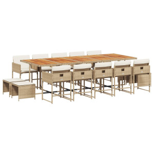 15 pcs conjunto de jantar p/ jardim com almofadões vime PE bege H