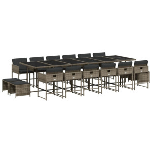 17 pcs conj. de jantar p/ jardim c/ almofadões vime PE cinzento H
