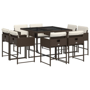 9 pcs conjunto jantar p/ jardim c/ almofadões vime PE castanho H