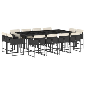 Set comedor de jardín con cojines 13 pzas ratán sintético negro H