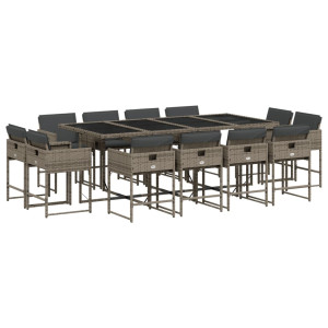 13 pcs conjunto jantar p/ jardim c/ almofadões vime PE cinzento H