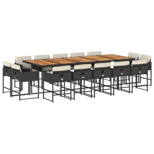 Set comedor de jardín con cojines 15 pzas ratán sintético negro H