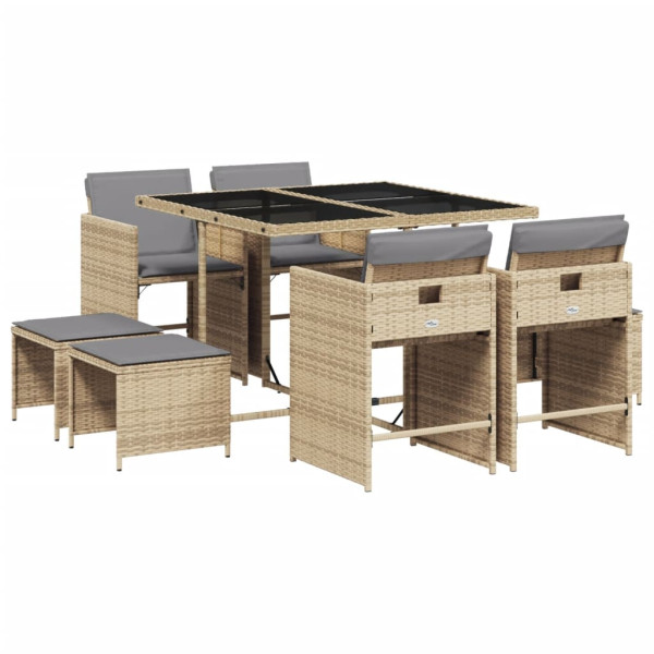 Set comedor de jardín 9 pzas con cojines ratán sintético beige M 2
