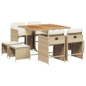 9 pcs conjunto de jantar p/ jardim com almofadões vime PE bege H