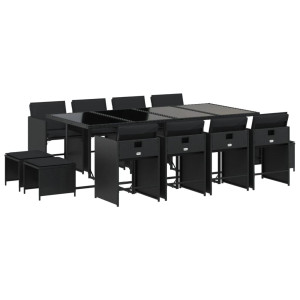 Set comedor de jardín con cojines 13 pzas ratán sintético negro H