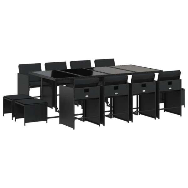 Set comedor de jardín con cojines 13 pzas ratán sintético negro M 2