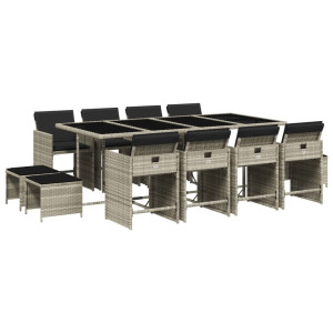 13 pcs conj. jantar jardim c/ almofadões vime PE cinzento-claro H