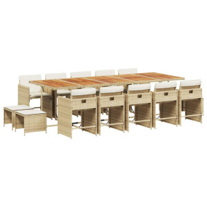 15 pcs conjunto de jantar p/ jardim com almofadões vime PE bege H
