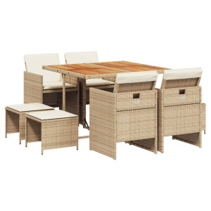 9 pcs conjunto de jantar p/ jardim com almofadões vime PE bege H