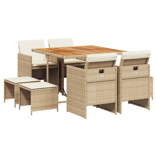 Set comedor de jardín 9 pzas con cojines ratán sintético beige M 2