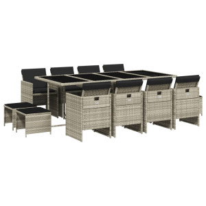 13 pcs conj. jantar jardim c/ almofadões vime PE cinzento-claro H