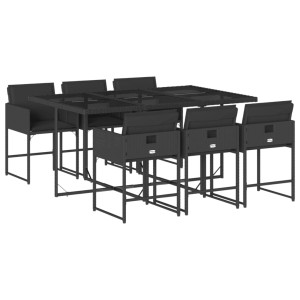 7 pcs conjunto de jantar p/ jardim c/ almofadões vime PE preto H