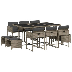 11 pcs conjunto jantar p/ jardim c/ almofadões vime PE cinzento H