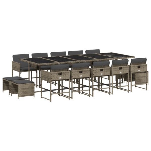 Set comedor de jardín con cojines 15 pzas ratán sintético gris M 2
