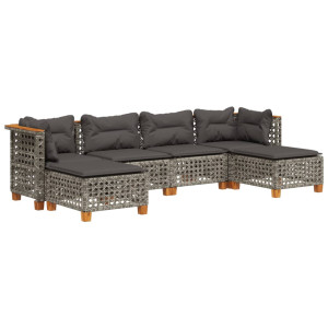 6 pcs conjunto sofás de jardim com almofadões vime cinzento H