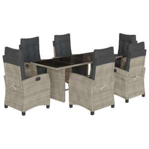 7 pcs conj. jantar p/ jardim c/ almofadões vime PE cinza-claro H