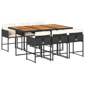 7 pcs conjunto de jantar p/ jardim c/ almofadões vime PE preto H