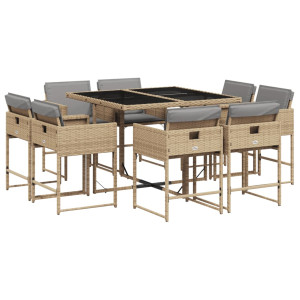 Set comedor de jardín 9 pzas con cojines ratán sintético beige H