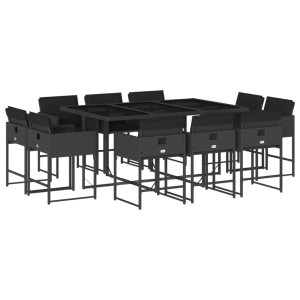 Set de comedor jardín 11 pzas con cojines ratán sintético negro H