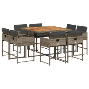 9 pcs conjunto de jantar p/ jardim c/ almofadões vime PE cinza H