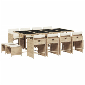13 pcs conjunto de jantar p/ jardim com almofadões vime PE bege H