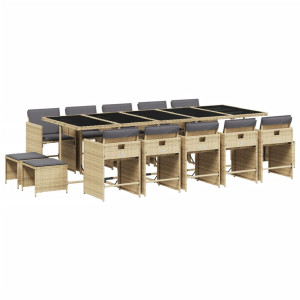 15 pcs conj. jantar jardim c/ almofadões vime PE bege misturado H