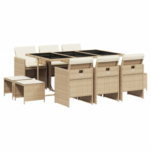 11 pcs conjunto de jantar p/ jardim com almofadões vime PE bege H