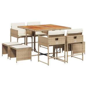 9 pcs conjunto de jantar p/ jardim com almofadões vime PE bege H