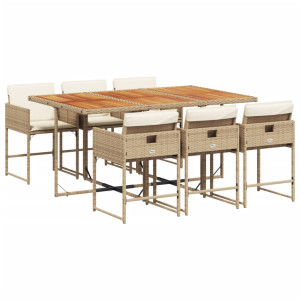 7 pcs conjunto de jantar p/ jardim com almofadões vime PE bege H