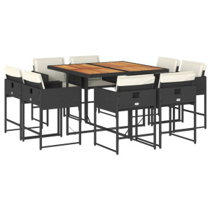 9 pcs conjunto de jantar p/ jardim c/ almofadões vime PE preto H