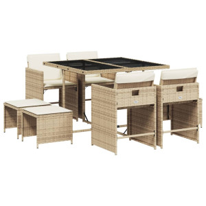 9 pcs conjunto de jantar p/ jardim com almofadões vime PE bege H