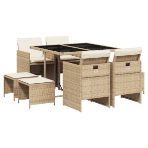 9 pcs conjunto de jantar p/ jardim com almofadões vime PE bege H