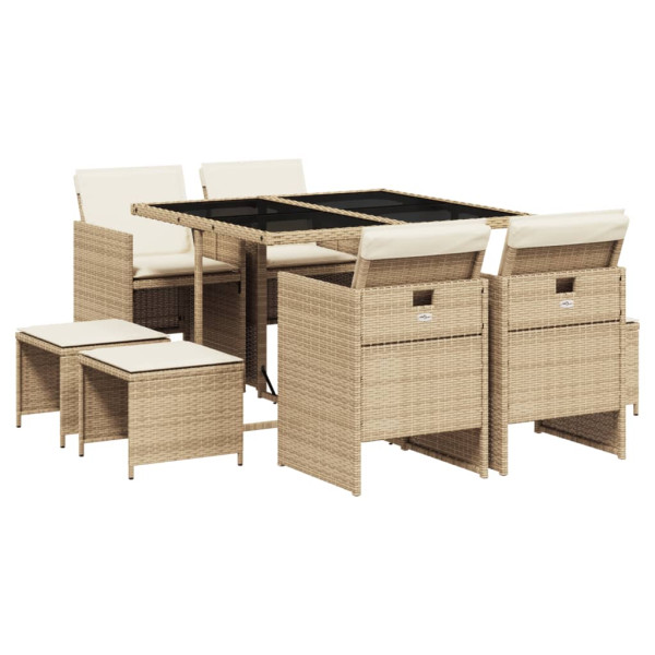Set comedor de jardín 9 pzas con cojines ratán sintético beige M 2